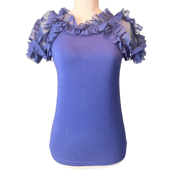 #A027    Gracia  Navy Ruffle Mesh Sleeve Top  Size S (New with Tags) - Picture 1 of 8